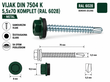 VIJAK DIN 7504 K 5,5x70 KOMPLET (RAL 6028)-METAL